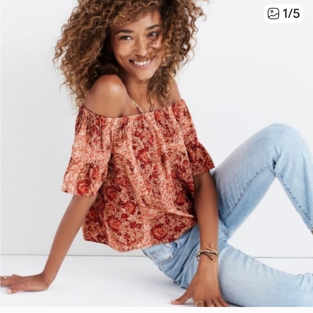 Madewell Silk Off the Shoulder Paisley Top Blouse